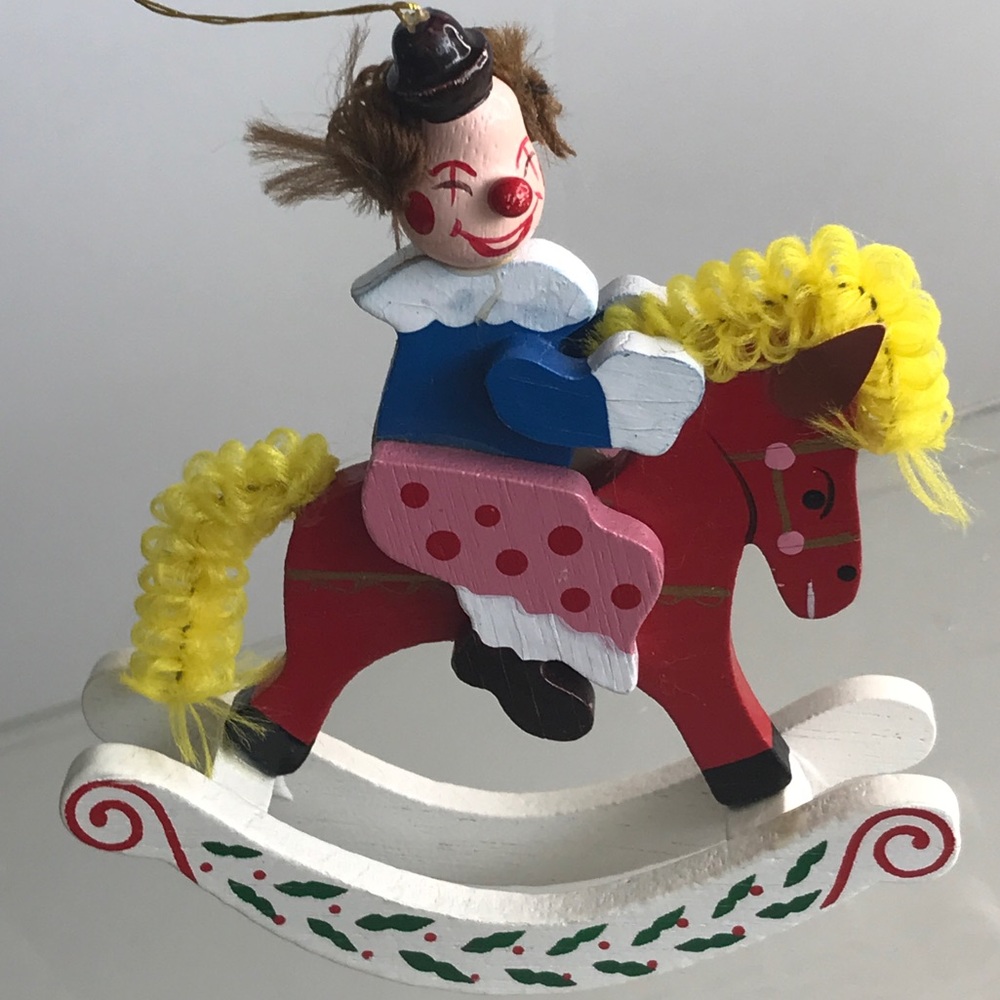 Decorated Wooden Rocking Horse with a Riding Clown Christmas Ornament - VTG